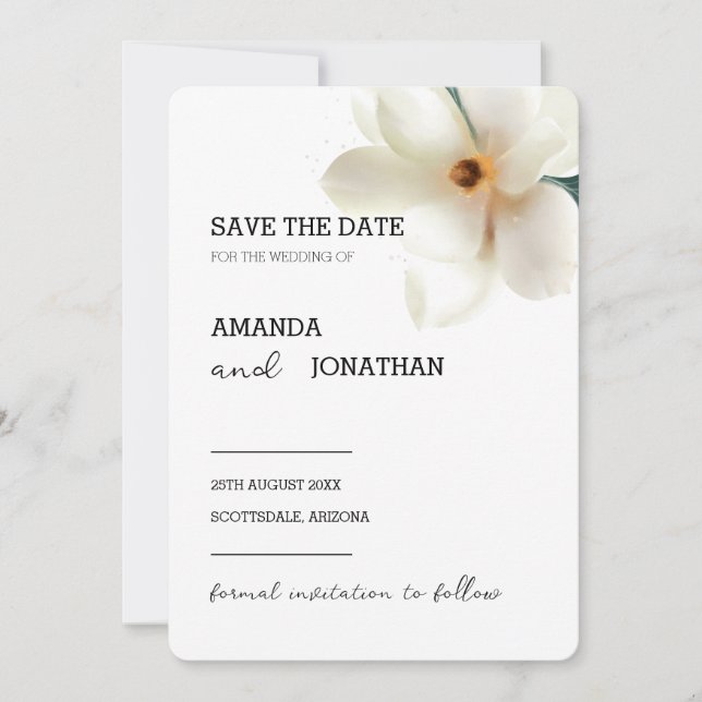 White Magnolia Floral Wedding Save the Date Card (Front)