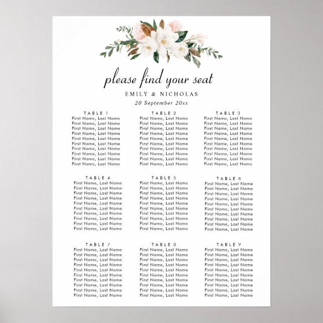 white magnolia floral wedding seating chart (Front)