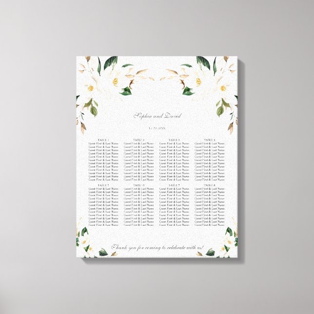 White Magnolia Floral Wedding Seating Chart   Canvas Print (Front)