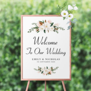 white magnolia floral welcome wedding sign