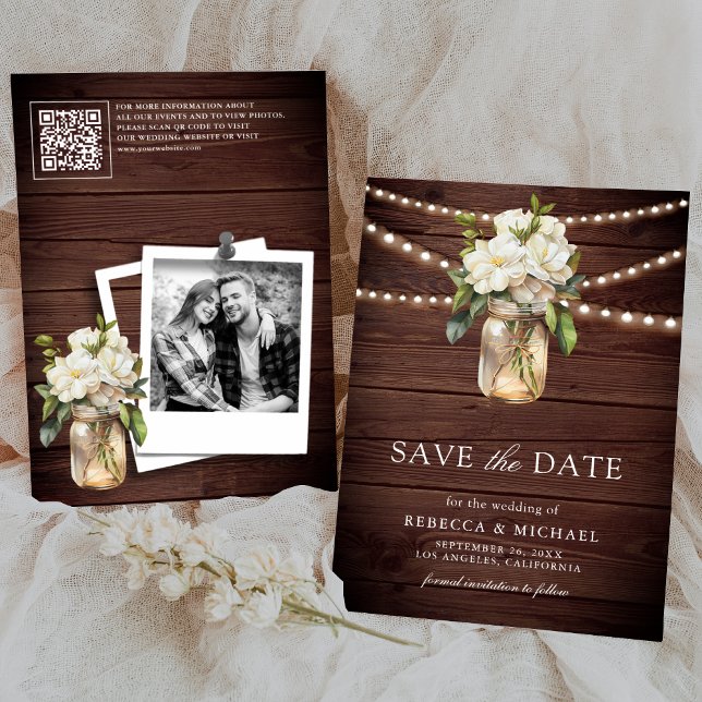 White Magnolia Floral Wood QR Code Wedding Photo Save The Date (Creator Uploaded)