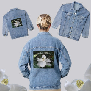 White Magnolia Flower Southern Charm Denim Jacket