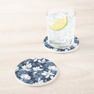 White Magnolia Flowers, Blue Background Coaster