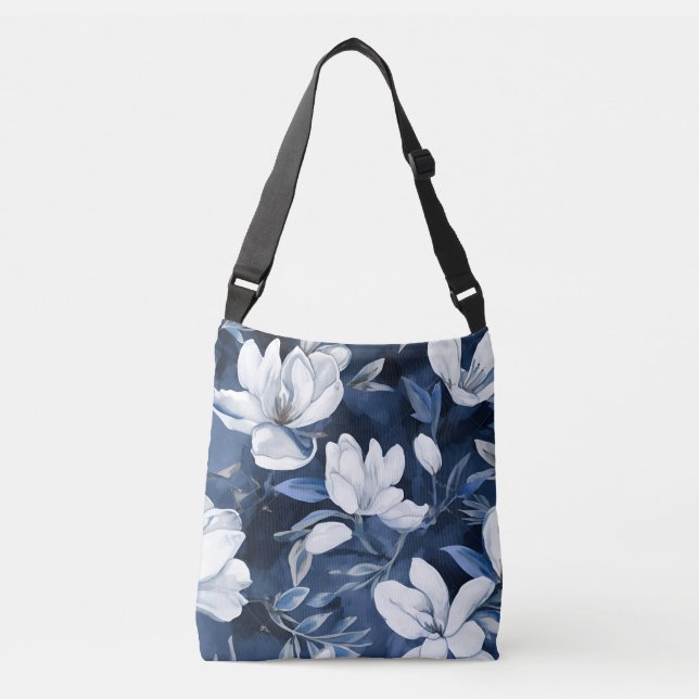 White Magnolia Flowers, Blue Background Crossbody Bag (Front)