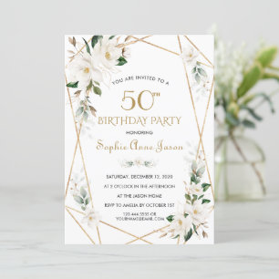 White Magnolia Flowers Gold 50th Birthday Invitation