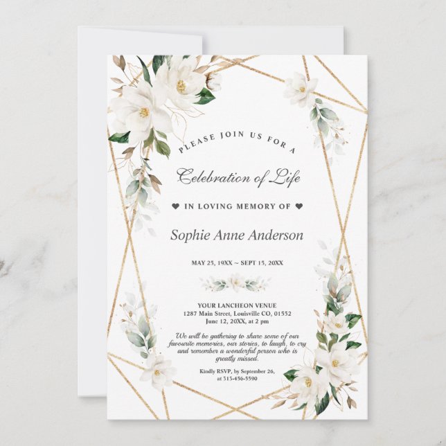 White Magnolia Flowers Gold Celebration Of Life Invitation (Front)