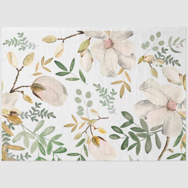 White Magnolia Flowers Gold Green Leaves Tissue Paper (Front)