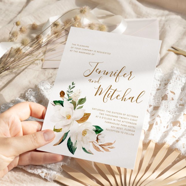  White Magnolia & Gold Floral Minimal Wedding Invitation (Creator Uploaded)