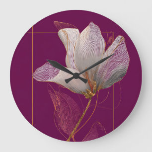 White Magnolia Gold Line Magenta Large Clock