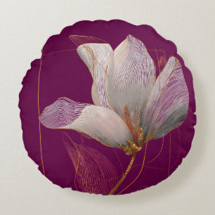 White Magnolia Gold Line Magenta Round Cushion