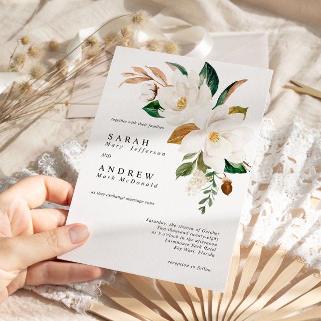 White Magnolia & Green Leaves Modern Wedding Invitation (Creator Uploaded)