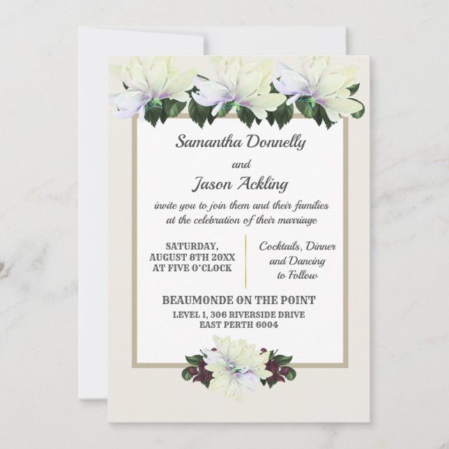 White Magnolia Greenery Floral Wedding Invitation (Front)