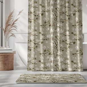 White Magnolia Grove on Ecru Beige Elegant Floral Shower Curtain
