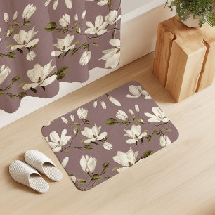 White Magnolia Grove on Rose Pink Elegant Floral Bath Mat
