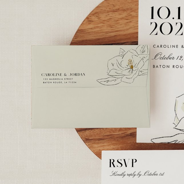 White Magnolia Illustration Modern Minimal Wedding Envelope (Elegant Southern-inspired white magnolia illustration wedding return address envelopes.)
