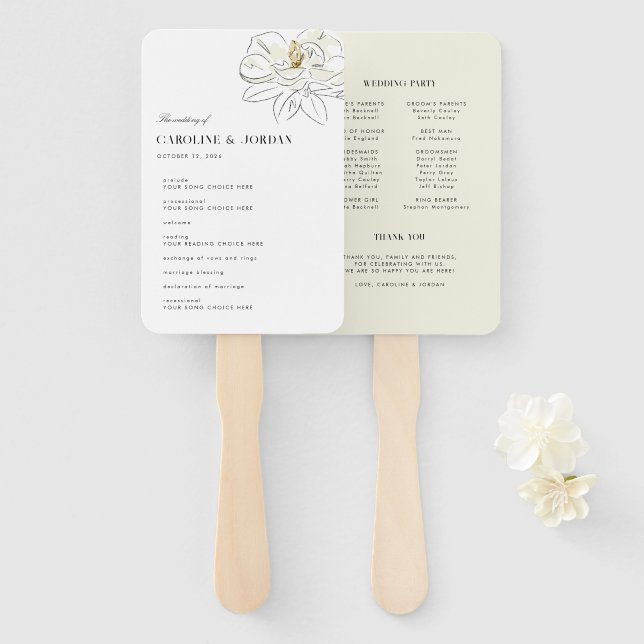 White Magnolia Illustration Modern Program Wedding Hand Fan (Front and Back)