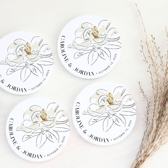 White Magnolia Illustration Wedding Custom Name Coaster (Beautiful Southern-inspired white magnolia illustration wedding custom name sandstone coasters.)