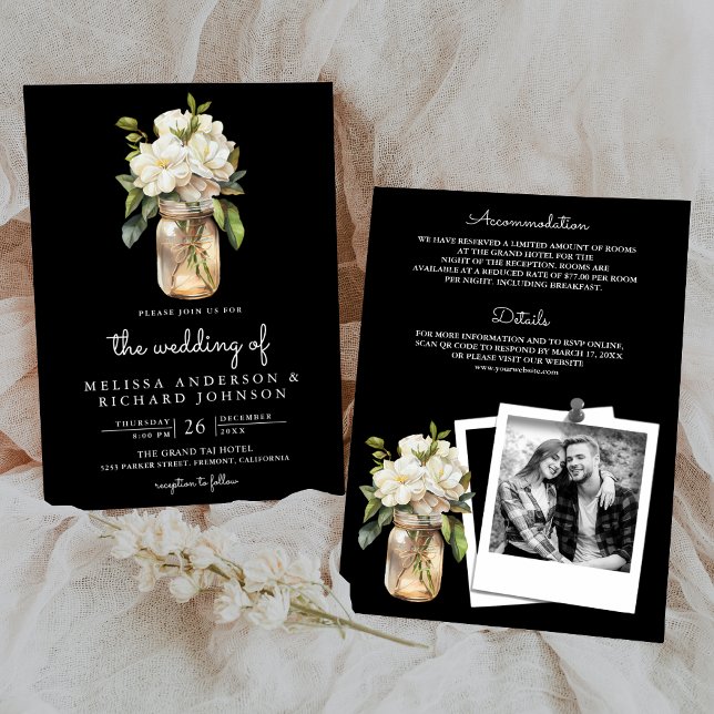 White Magnolia Mason Jar Black All in One Wedding Invitation (Creator Uploaded)