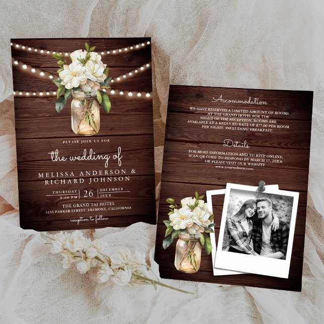 White Magnolia Mason Jar Wood All in One Wedding Invitation (Creator Uploaded)