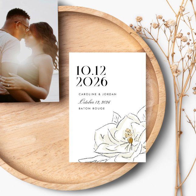 White Magnolia Modern Minimal Wedding Photo Save The Date (Elegant Southern-inspired white magnolia illustration wedding Save the Date card.)