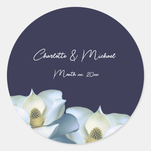 White Magnolia on Navy Elegant Wedding  Classic Round Sticker (Front)
