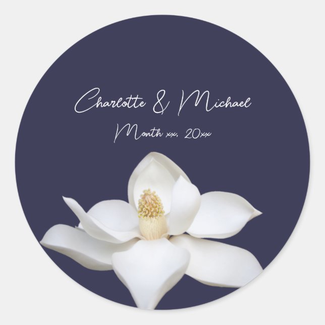 White Magnolia on Navy Elegant Wedding  Classic Round Sticker (Front)