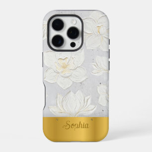 White Magnolia Painting Yellow Gold Custom Name iPhone 16 Pro Case