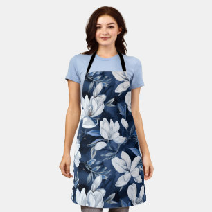 White Magnolia Pattern on midnight background, Apron