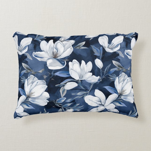 White Magnolia Pattern on midnight background, Decorative Cushion (Front)