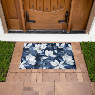 White Magnolia Pattern on midnight background, Doormat