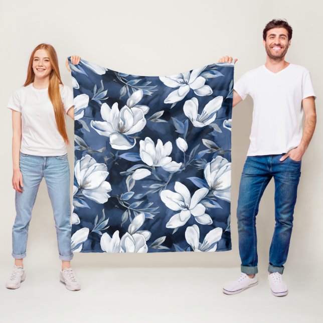 White Magnolia Pattern on midnight background, Fleece Blanket (In Situ)