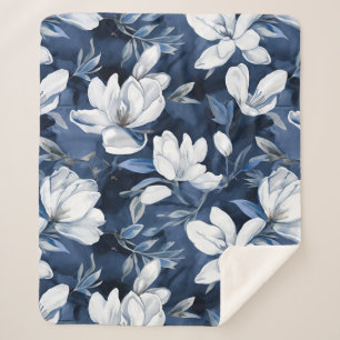 White Magnolia Pattern on midnight background, Sherpa Blanket