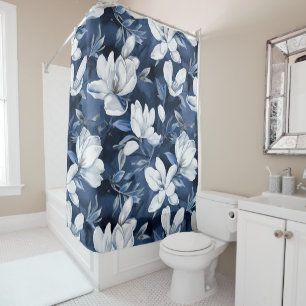 White Magnolia Pattern on midnight background, Shower Curtain