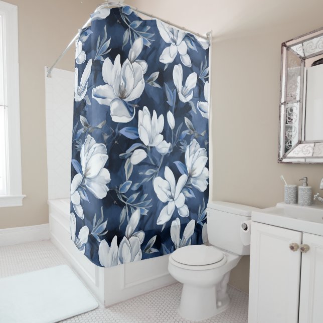 White Magnolia Pattern on midnight background, Shower Curtain (In Situ)