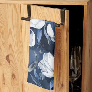 White Magnolia Pattern on midnight background, Tea Towel