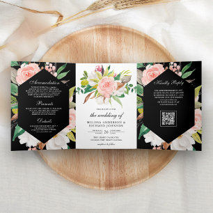 White Magnolia Pink Floral Black QR Code Wedding Tri-Fold Invitation