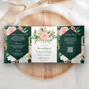 White Magnolia Pink Floral Emerald QR Code Wedding Tri-Fold Invitation