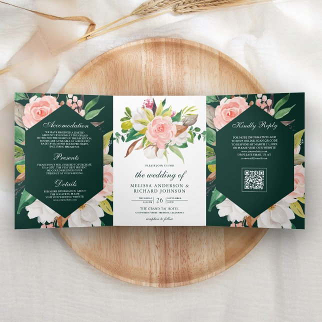 White Magnolia Pink Floral Emerald QR Code Wedding Tri-Fold Invitation (Creator Uploaded)