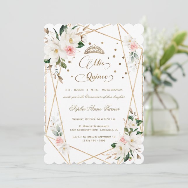 White Magnolia Pink Floral Gold Quinceañera   Invitation (Standing Front)