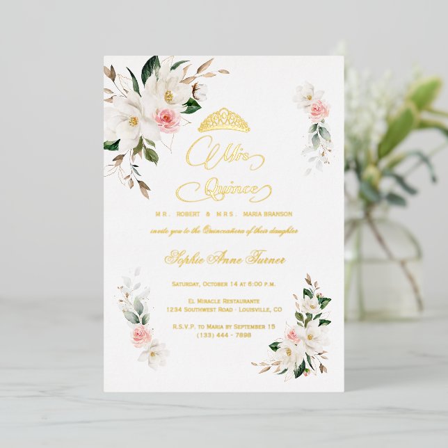 White Magnolia Pink Floral REAL FOIL Quinceañera  (Standing Front)