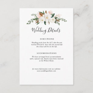 white magnolia & pink floral wedding details card