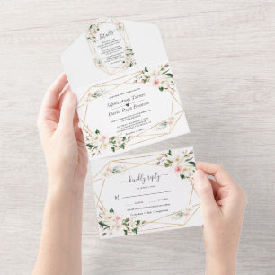 White Magnolia Pink Flowers Gold Wedding   All In One Invitation