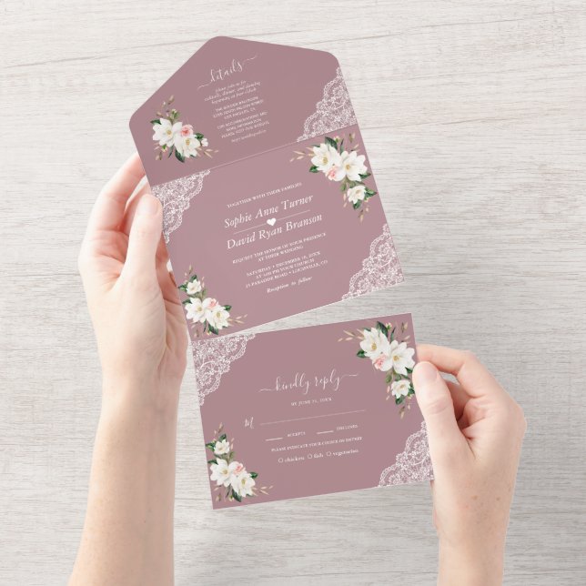 White Magnolia Pink Flowers Misty Rose Wedding All In One Invitation (Tearaway)