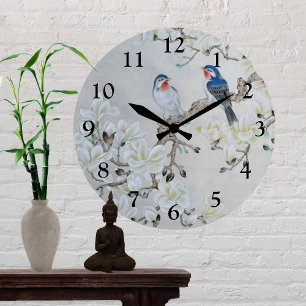 White Magnolia Round Clock