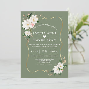 White Magnolia Sage Green All In One Wedding   Invitation