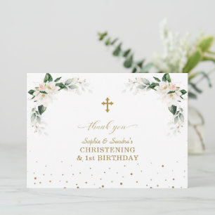 White Magnolia Twins 1st Birthday Christening   Thank You Card