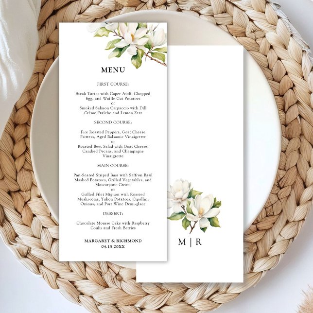 White Magnolia Watercolor Floral Wedding Menu (Creator Uploaded)