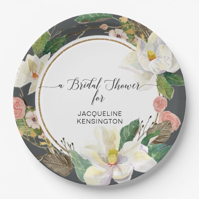 White Magnolia Watercolor Gold Blush Floral Leaves Paper Plate (Front)