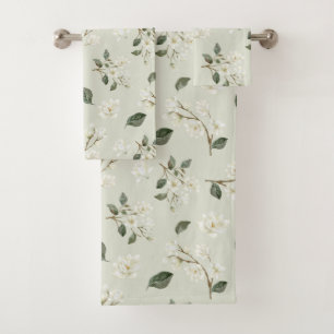 White Magnolia Watercolour Pattern Sea Foam Green Bath Towel Set