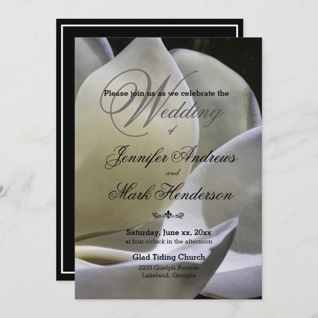 White Magnolia - Wedding Invitation -Black & White (Front/Back)